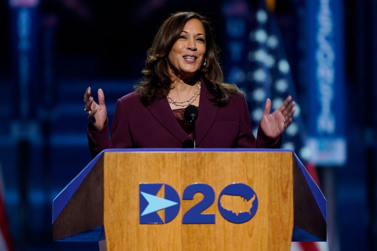 Democratic vice presidential candidate Sen. Kamala Harris, of California, speaks during the third day of the Democratic National Convention, at the Chase Center in Wilmington, Del., on Aug. 19, 2020. (Carolyn Kaster/AP Photo)