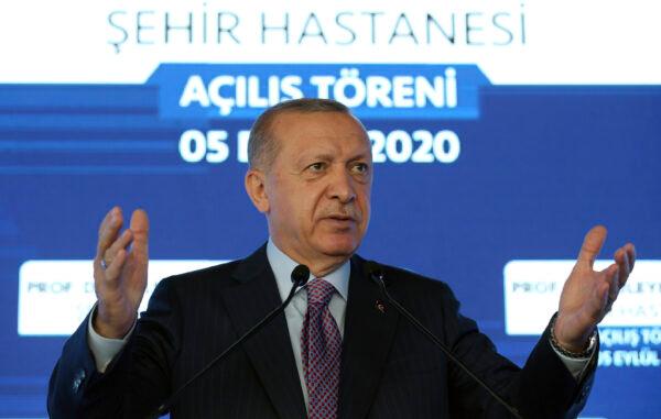Turkey's President Recep Tayyip Erdogan speaks at a hospital's opening ceremony, in Istanbul, on Sept. 5, 2020. (Turkish Presidency / AP Photo)