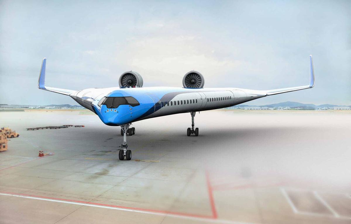 Researchers have conducted a successful maiden flight of the Flying-V, a futuristic and fuel-efficient airplane that could one day carry passengers in its wings. (Courtesy of KLM)