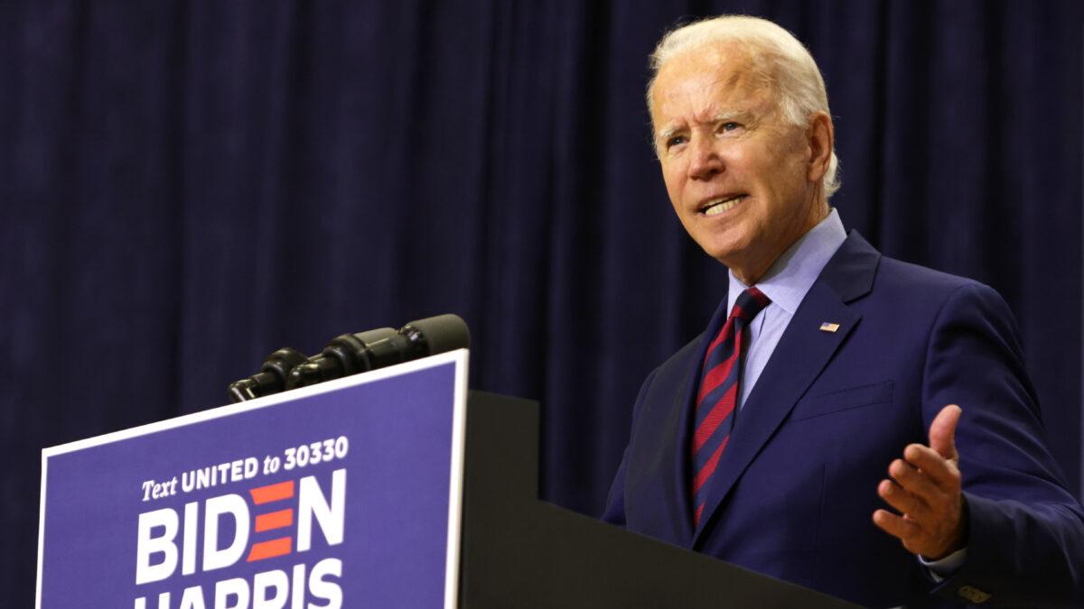 Democratic presidential nominee Joe Biden speaks during a campaign event Sept. 4, 2020 in Wilmington, Dela. (Alex Wong/Getty Images)