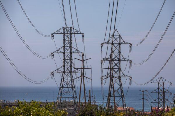 High tension towers are seen in Redondo Beach, Calif., on August 16, 2020. (Apu Gomes/AFP via Getty Images)