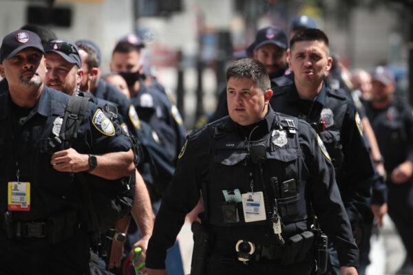 Police gather outside the Democratic National Convention in Milwaukee on Aug. 17, 2020. (Scott Olson/Getty Images)