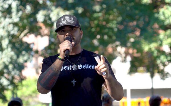 Founder of conservative group Patriot Prayer Joey Gibson speaks at a memorial for his friend, Portland shooting victim Aaron "Jay" Danielson, at Esther Short Park in Vancouver, Washington, on Sept. 5, 2020. (The Epoch Times)