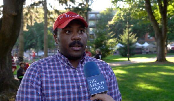 Kareem Patton speaks to The Epoch Times at a memorial service for Portland shooting victim Aaron "Jay" Danielson, at Esther Short Park in Vancouver, Washington, on Sept. 5, 2020. (The Epoch Times)