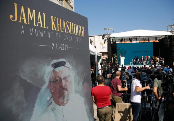A picture of slain Saudi journalist Jamal Kashoggi is displayed during a ceremony near the Saudi Arabian consulate in Istanbul on Oct. 2, 2019. (Lefteris Pitarakis/AP)