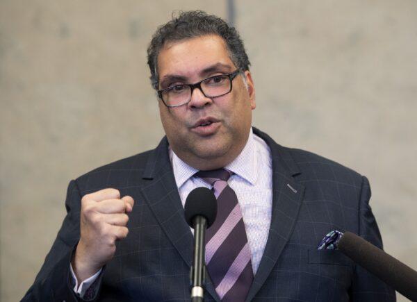 Mayor of Calgary Naheed Nenshi speaks with reporters in Ottawa on Nov. 21, 2019. (The Canadian Press/Adrian Wyld)