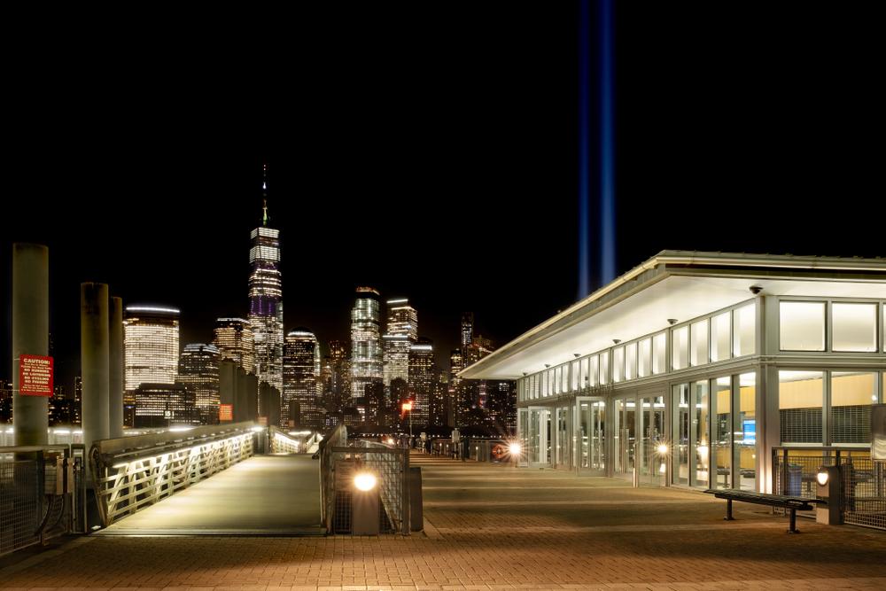 The Tribute in Light display in lower Manhattan as seen from New Jersey on Aug. 30, 2019 (Edi Chen/Shutterstock)