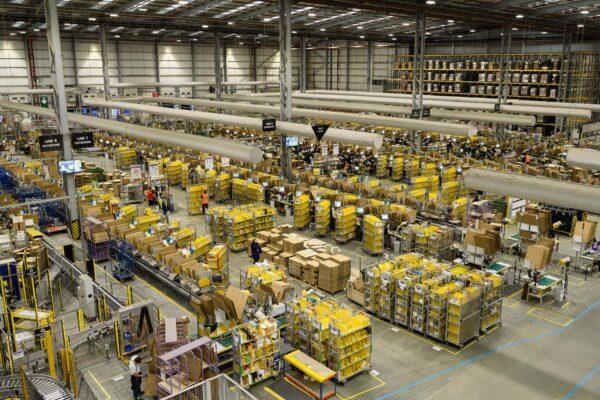 A general view of one of the packing and processing areas in the Amazon Fulfilment centre in Peterborough, England, on Nov. 15, 2017. (Leon Neal/Getty Images)