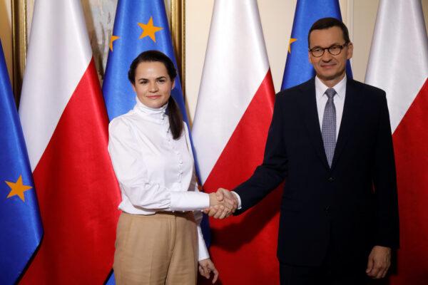 Belarusian opposition leader Sviatlana Tsikhanouskaya meets Polish Prime Minister Mateusz Morawiecki during her visit in Warsaw, Poland, on Sept. 9, 2020. (Agencja Gazeta/Maciek Jazwiecki/via Reuters)
