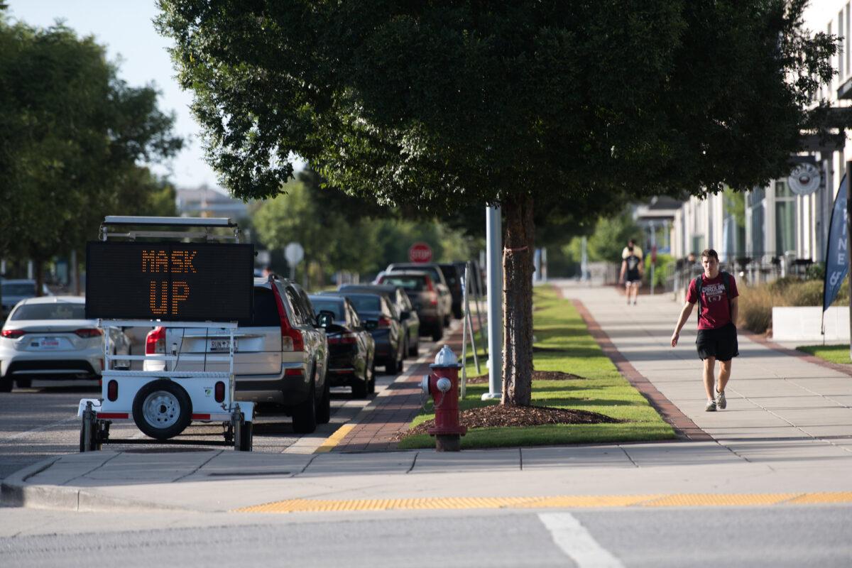 A traffic sign with the words “mask up” is seen in Columbia, S.C., on Sept. 3, 2020. (Sean Rayford/Getty Images)
