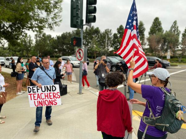 Parents gather at a rally calling for the immediate reopening of Orange County schools in Irvine, Calif., on Sept. 8, 2020. (Jack Bradley/The Epoch Times)