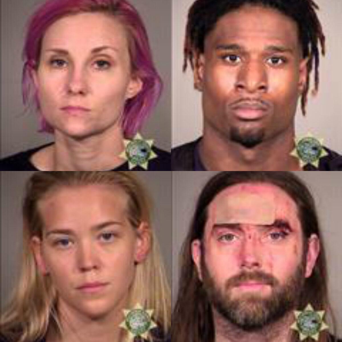 Hannah Baumann (top L), Maurice Monson (top R), Elizabeth Elder (bottom L), and Evan Burchfield (bottom R) were charged for participating in riots in Portland, Ore., on various dates this year. (Multnomah County Sheriff's Office)