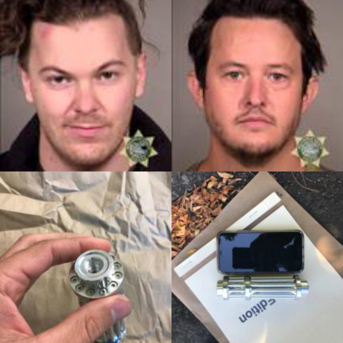 Adam Layee (top L) and Bryan Kelley (top R) were charged for participating in riots in Portland, Ore., on various dates this year. On bottom is the laser Kelley allegedly shined in the eyes of police officers. (Multnomah County Sheriff's Office and Portland Police Bureau)