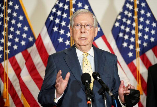 Senate Majority Leader Mitch McConnell (R-Ky.) speaks to reporters after the Senate Republican luncheon on Capitol Hill in Washington on Sept. 9 2020. (Kevin Lamarque/Reuters)