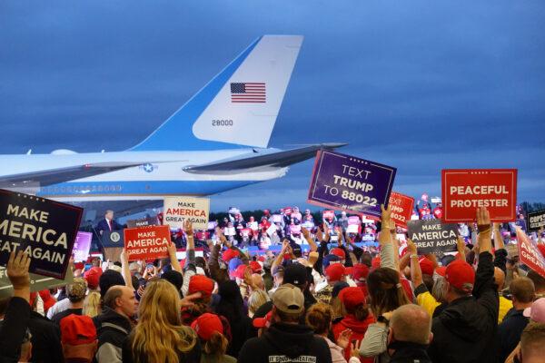 President Donald Trump speaks to supporters at a rally with Air Force One in the background in Freeland, Michigan, on Sept. 10, 2020. (Scott Olson/Getty Images)