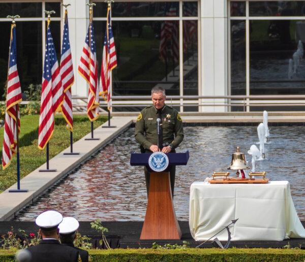 Sheriff Don Barnes speaks in front of a crowd of first responders at a 9/11 memorial event at the Richard Nixon Library and Museum in Yorba Linda, Calif., on Sept. 11, 2020. (John Fredricks/The Epoch Times)