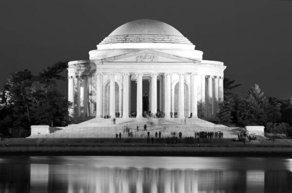 The Jefferson Memorial at dusk. Made of white Imperial Danby marble from Vermont, the memorial is inspired by the Roman Pantheon.  (The History Press)