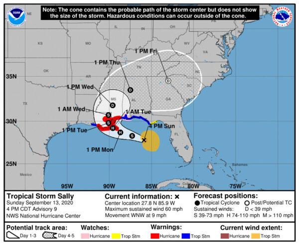 The National Hurricane Center's "cone of uncertainty" forecast model for the storm predicts that it will arrive at Louisiana's southeastern coast at around 1 a.m. Tuesday. (NHC)