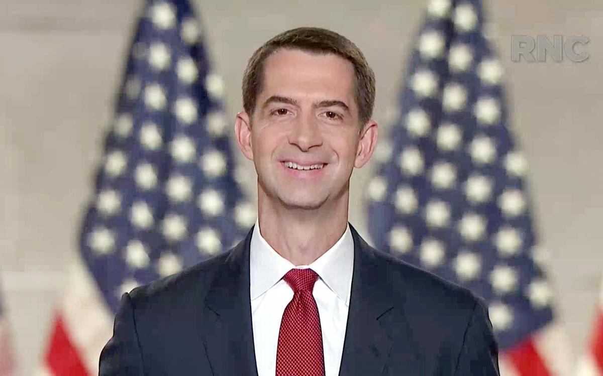 In this screenshot from the RNC’s livestream of the 2020 Republican National Convention, U.S. Sen. Tom Cotton (R-AR) addresses the virtual convention on Aug. 27, 2020. (Courtesy of the Committee on Arrangements for the 2020 Republican National Committee via Getty Images)