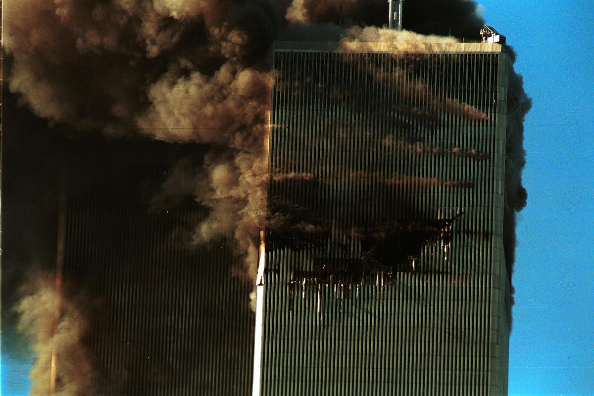 Smoke pours from the World Trade Center after it was hit by two planes Sept. 11, 2001, in New York City. (Robert Giroux/Getty Images)