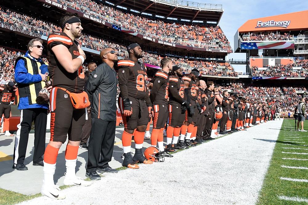 Mayfield with his teammates during the national anthem prior to playing the Kansas City Chiefs at FirstEnergy Stadium in Cleveland, Ohio, on Nov. 4, 2018 (Jason Miller/Getty Images)