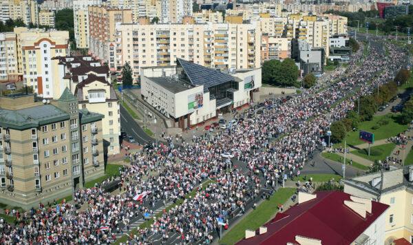 Protesters march during an opposition rally in Minsk, on Sept. 13, 2020. (Tut.by/AP Photo)