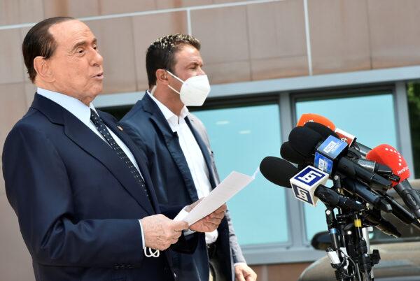 Former Italian Prime Minister Silvio Berlusconi speaks to the media as he leaves Milan's San Raffaele hospital, in Milan, on Sept. 14, 2020. (Flavio Lo Scalzo/Reuters)