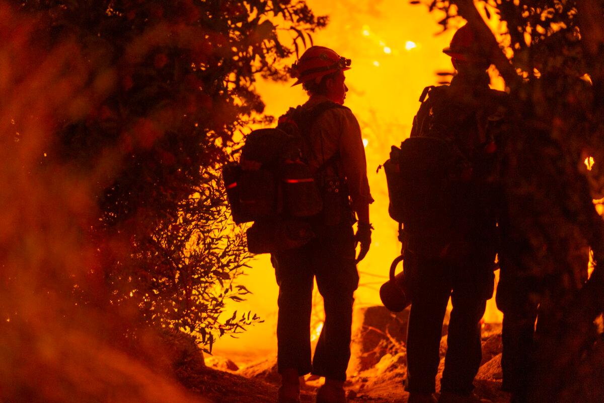 Mill Creek Hotshots set a backfire to protect homes during the Bobcat Fire in Arcadia, Calif., on Sept. 13, 2020. (David McNew/Getty Images)
