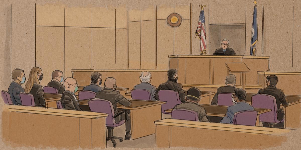 A courtroom sketch shows the former Minneapolis police officers charged in the death of George Floyd sitting with their lawyers during a court hearing in Minneapolis, Minn., on Sept. 11, 2020. (Cedric Hohnstadt via Reuters)