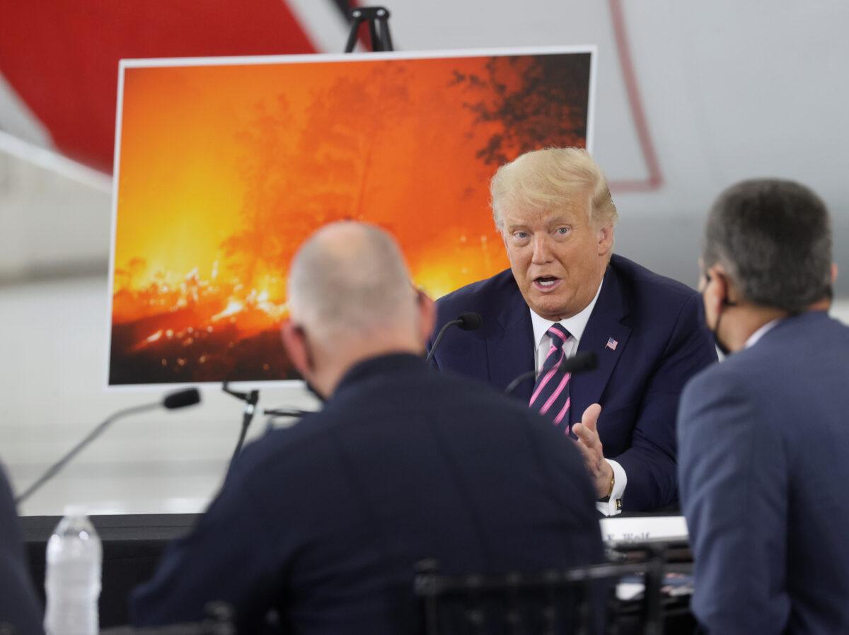 President Donald Trump speaks during a briefing on wildfires in McClellan Park, Calif., on Sept. 14, 2020. (Jonathan Ernst/Reuters)