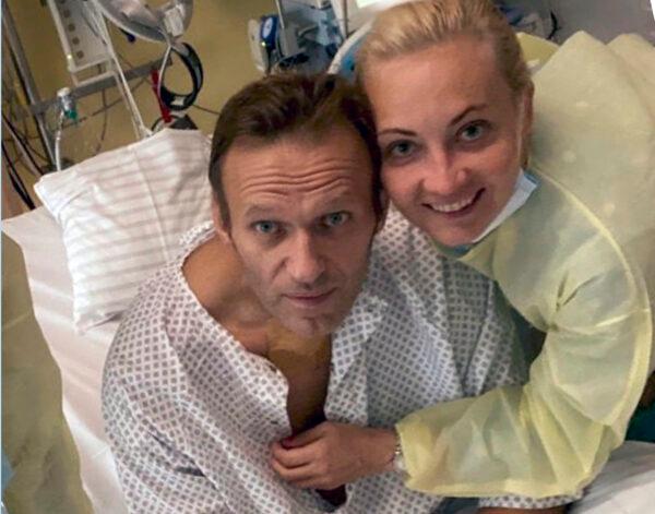 This handout photo published by Alexei Navalny on his instagram account, shows himself and his wife Yulia, posing for a photo in a hospital in Berlin, on Sept. 15, 2020. (Navalny Instagram/AP Photo)