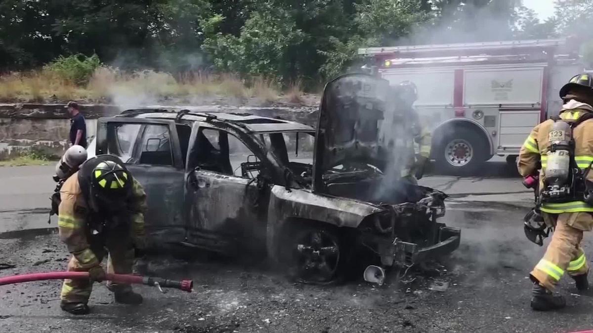 A small SUV engulfed in flames drove past the teenager and he could see a little girl out the car window. (Courtesy of Waterbury Police Department)