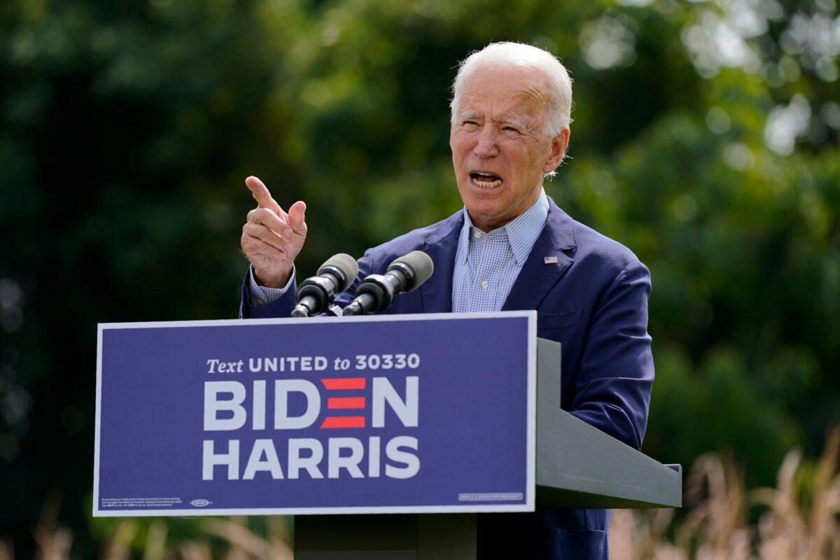 Democratic presidential candidate Joe Biden speaks about climate change and wildfires affecting western states, in Wilmington, Del. on Sept. 14, 2020. (Patrick Semansky/AP Photo)