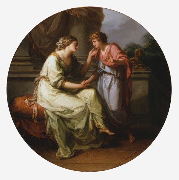 "Papirius Praetextatus Entreated by His Mother to Disclose the Secrets of the Deliberations of the Roman Senate," circa 1775–80. Oil paint on canvas; diameter: 24 1/16 inches. Gift of the Berger Collection Educational Trust, 2019. (Denver Art Museum)