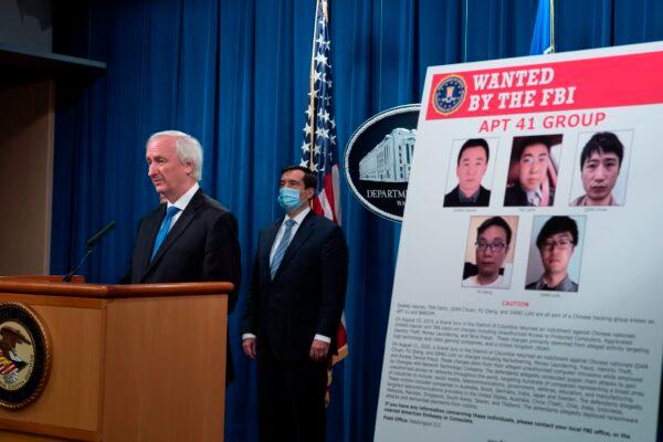 Deputy Attorney General Jeffery A. Rosen talks about charges and arrests related to a hacking campaign tied to the Chinese regime, at the Department of Justice in Washington, on Sept. 16, 2020. (Tasos Katopodis/AFP via Getty Images)