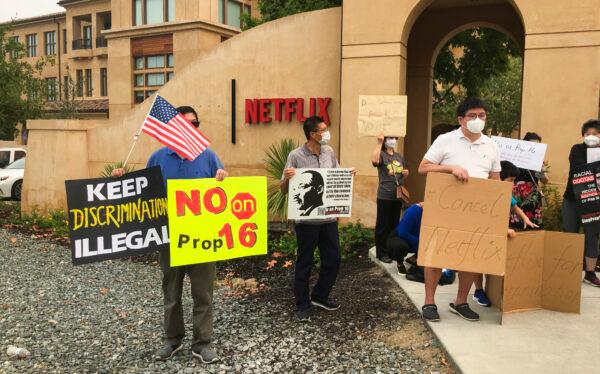 Protesters gather at the Netflix headquarters in Los Gatos, Calif., on Sept. 11, 2020, to decry a donation Patricia Quillin, wife of Netflix co-founder Reed Hastings, made to support Proposition 16. (Ilene Eng/The Epoch Times)