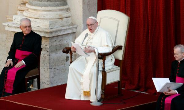 Pope Francis holds the weekly general audience at the San Damaso courtyard at the Vatican, on Sept. 16, 2020. (Yara Nardi/Reuters)