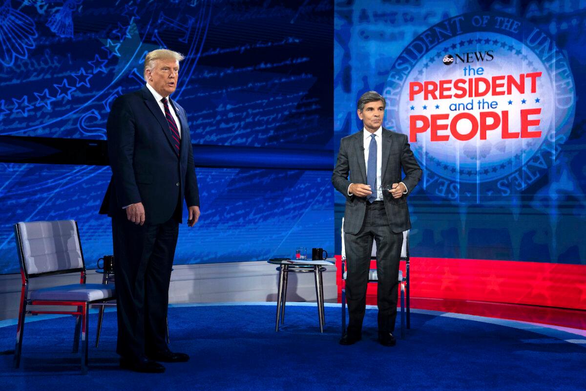 Then-President Donald Trump talks with ABC News anchor George Stephanopoulos before a town hall at National Constitution Center, in Philadelphia, Sept. 15, 2020. (AP Photo/Evan Vucci)