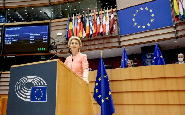 European Commission President Ursula von der Leyen gives her first State of the Union speech during a plenary session of European Parliament in Brussels, on Sept. 16, 2020. (Olivier Hoslet/pool via Reuters)
