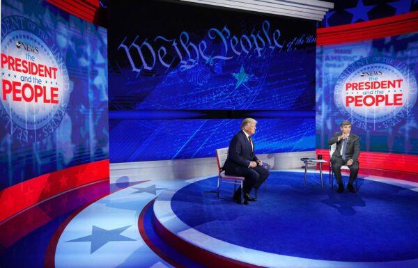 President Donald Trump sits with ABC News anchor George Stephanopoulos for a town hall event at the National Constitution Center in Philadelphia, Pennsylvania, on Sept. 15, 2020. (Mandel Ngan/AFP via Getty Images)