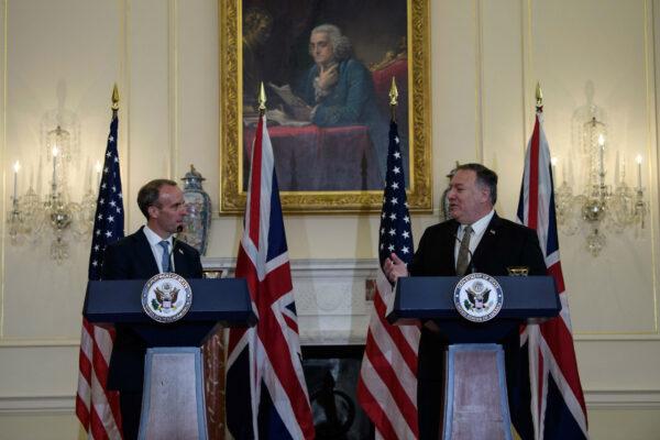 U.S. Secretary of State Mike Pompeo and British Foreign Secretary Dominic Raab hold a news conference at the State Department in Washington on Sept. 16, 2020. (Nicholas Kamm/Pool/Reuters)