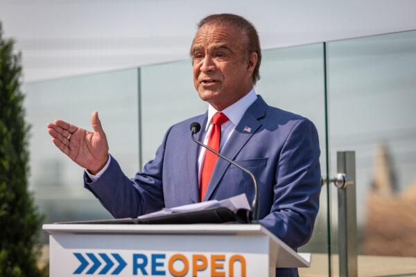 Anaheim Mayor Harry Sidhu discusses the need to reopen Orange County theme parks in Anaheim, Calif., on Sept. 16, 2020. (John Fredricks/The Epoch Times)