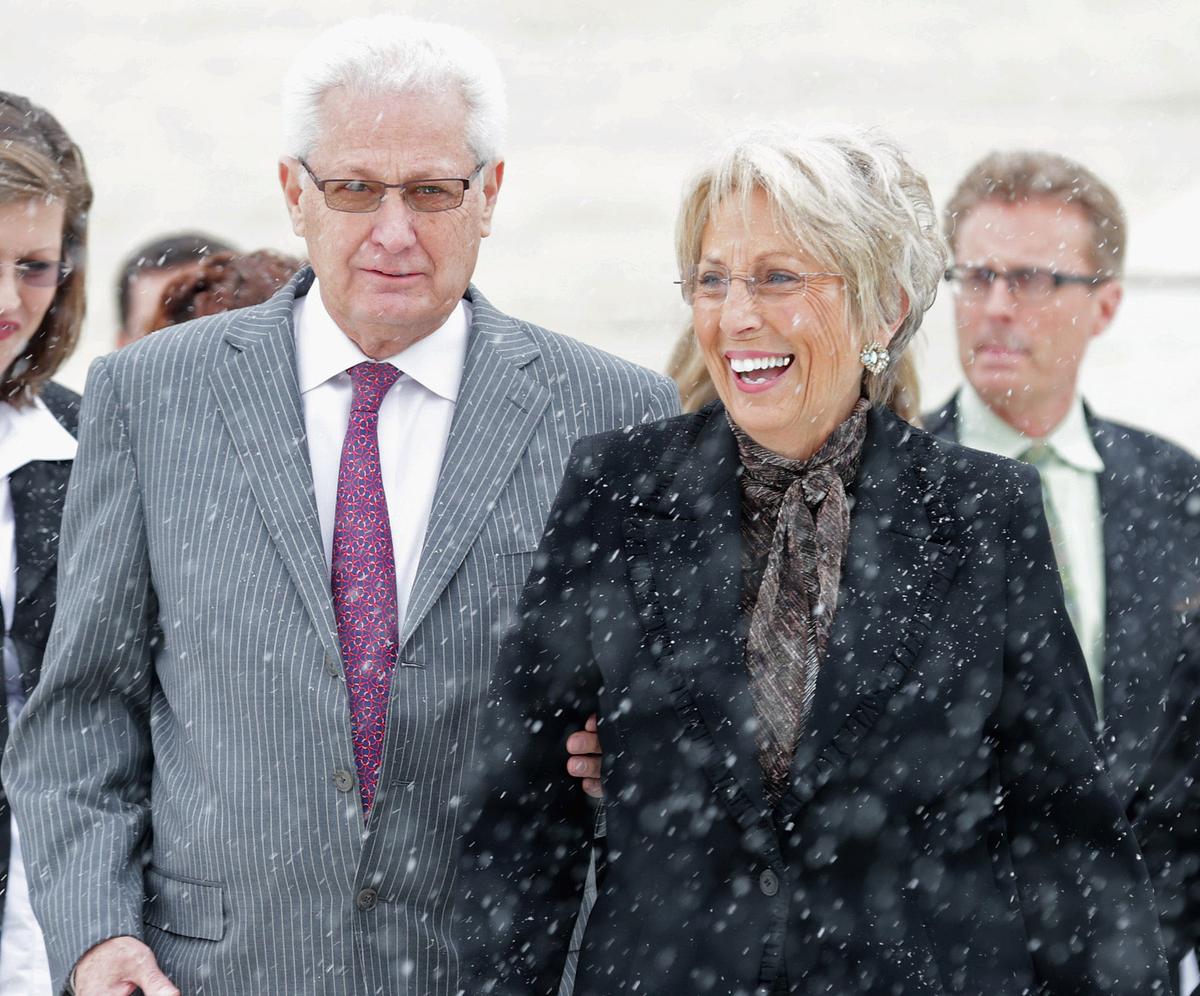  Hobby Lobby co-founders David Green (L) and Barbara Green (C) leave the U.S. Supreme Court after oral arguments in Sebelius v. Hobby Lobby March 25, 2014, in Washington. (Chip Somodevilla/Getty Images)