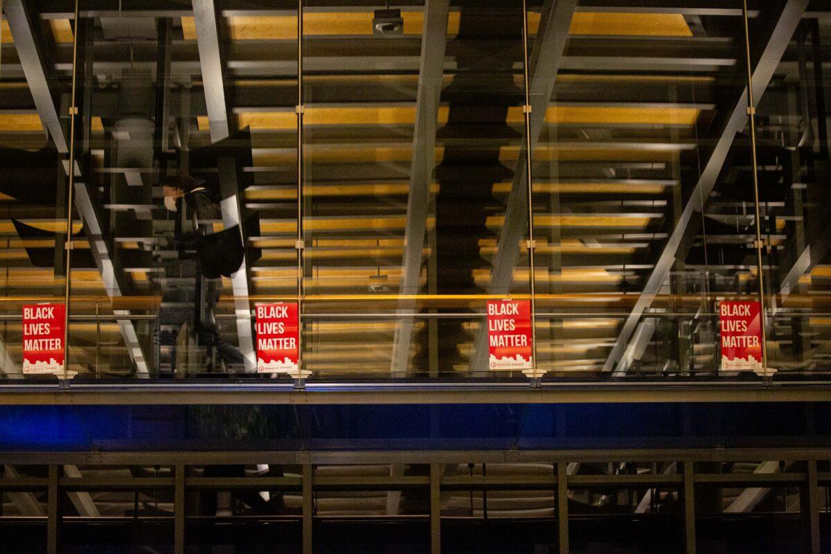 Black Lives Matter signs are seen inside Seattle City Hall after demonstrators marched inside led by Seattle Councilwoman Kshama Sawant, in Seattle, Wash., on June 9, 2020. (David Ryder/Getty Images)