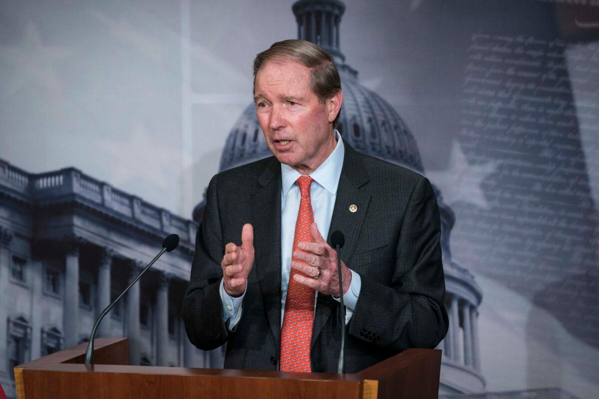 Sen. Tom Udall (D-N.M.) speaks at a press conference in Washington on Feb. 13, 2020. (Sarah Silbiger/Getty Images)