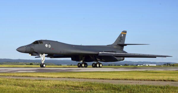 A B-1B Lancer assigned to the 37th Bomb Squadron taxis on the flightline at Ellsworth Air Force Base, S.D., on July 16, 2020. (U.S. Air Force photo by Airman 1st Class Quentin K. Marx via AP)