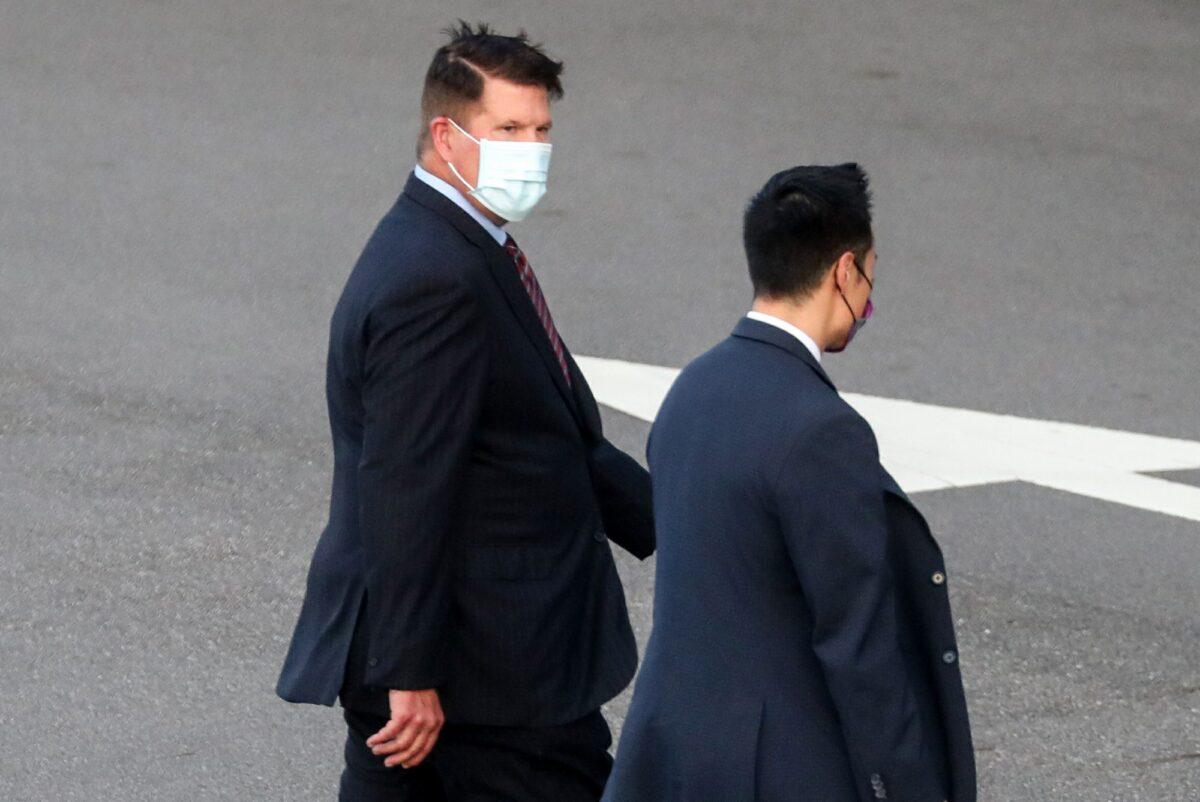 Undersecretary of State Keith Krach walks away after disembarking from a plane upon arrival at an airforce base in Taipei, Taiwan, on Sept. 17, 2020. (Pool Photo via AP Photo)