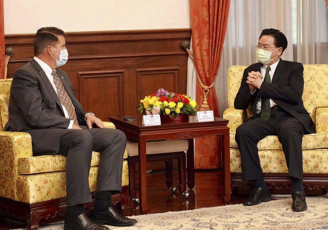 Taiwan's Foreign Minister Joseph Wu (R) meets with U.S. Undersecretary of State Keith Krach in Taipei, Taiwan, on Sept. 18, 2020. (Taiwan Ministry of Foreign Affairs via AP)