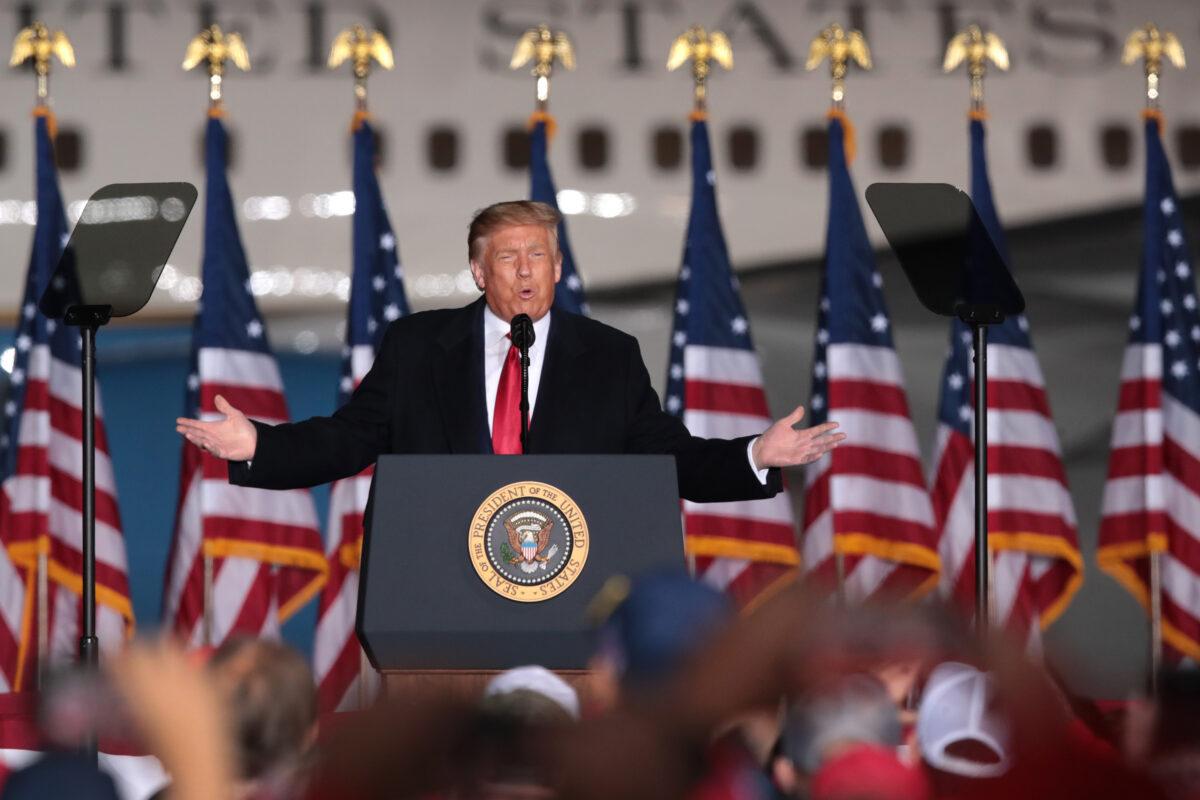 President Donald Trump speaks to supporters during a rally at Central Wisconsin Airport in Mosinee, Wis., Sept. 17, 2020. (Scott Olson/Getty Images)