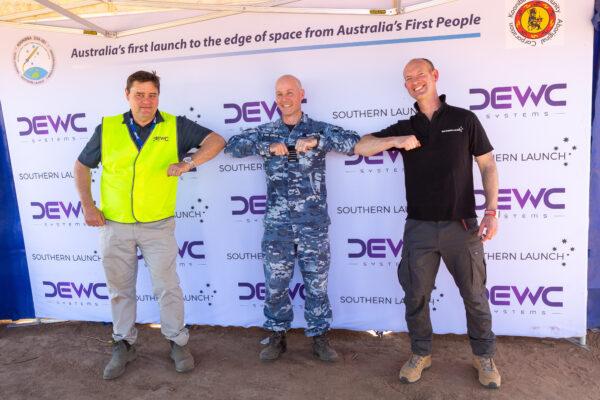 (L-R) CEO DEWC Systems Ian Spencer, Royal Australian Air Force Director Integration and Innovation, Group Captain Tobyn Bearman and Chief Executive Officer Southern Launch Lloyd Damp at the Southern Launch Koonibba Rocket Range near Ceduna, South Australia on Sept 19, 2020. (Sean Jorgensen-Day, DEWC Systems Engineer)